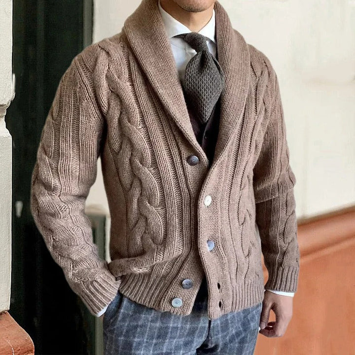 Men's classic shawl collar cable knit sweater in a cozy, warm knit for stylish winter fashion and layering.