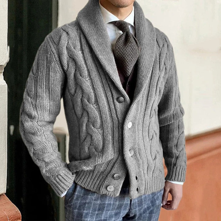 Cozy men's cable knit sweater with a sophisticated shawl collar and practical button front, perfect winter knitwear.