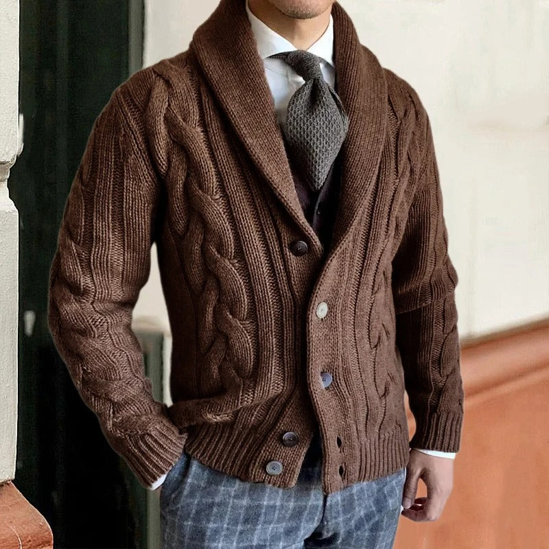 Stylish men's shawl collar cable knit cardigan sweater, a warm and cozy layering piece for winter fashion.