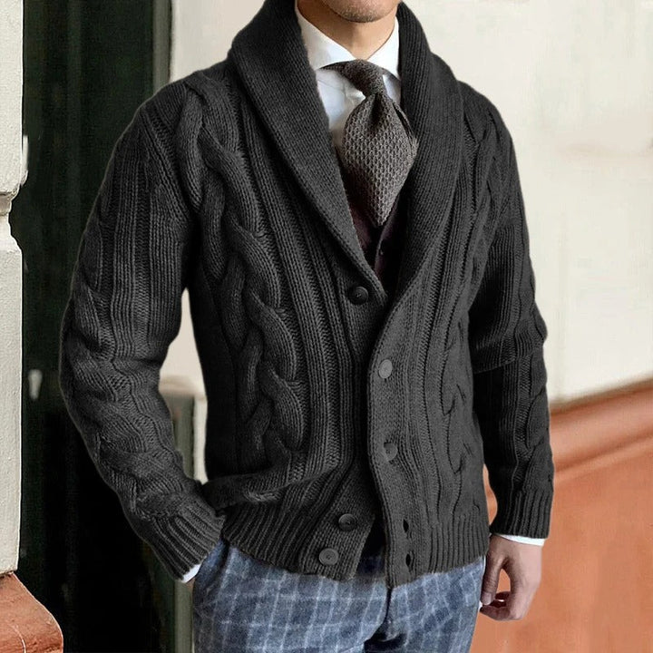 Textured men's cable knit sweater with an elegant shawl collar. A comfortable and warm knitwear piece for men.