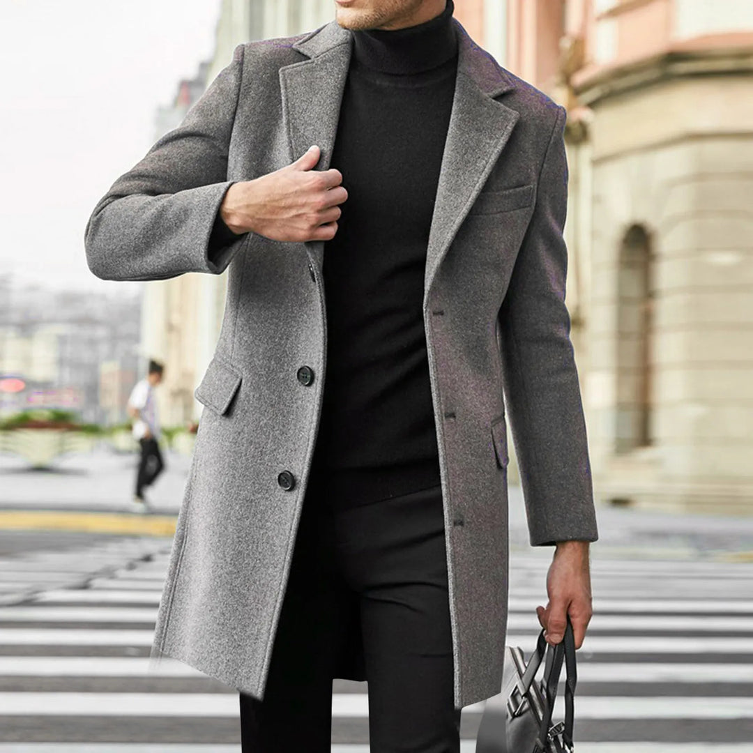 Men's classic single-breasted long overcoat in black, ideal formal or casual winter outerwear.