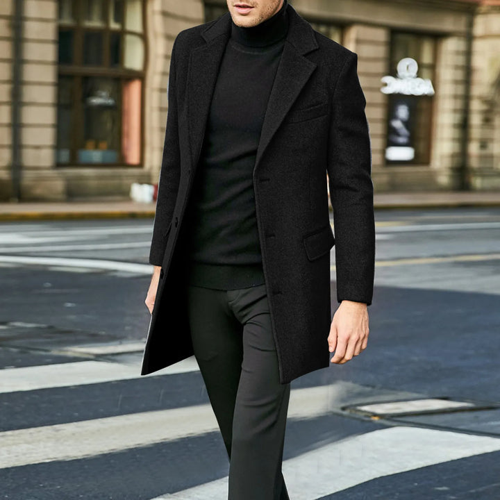Classic men's long overcoat, single-breasted wool blend winter coat for elegant outerwear.