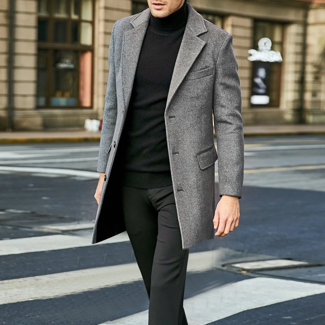 Elegant men's single-breasted long overcoat, a timeless classic winter coat for men's fashion.