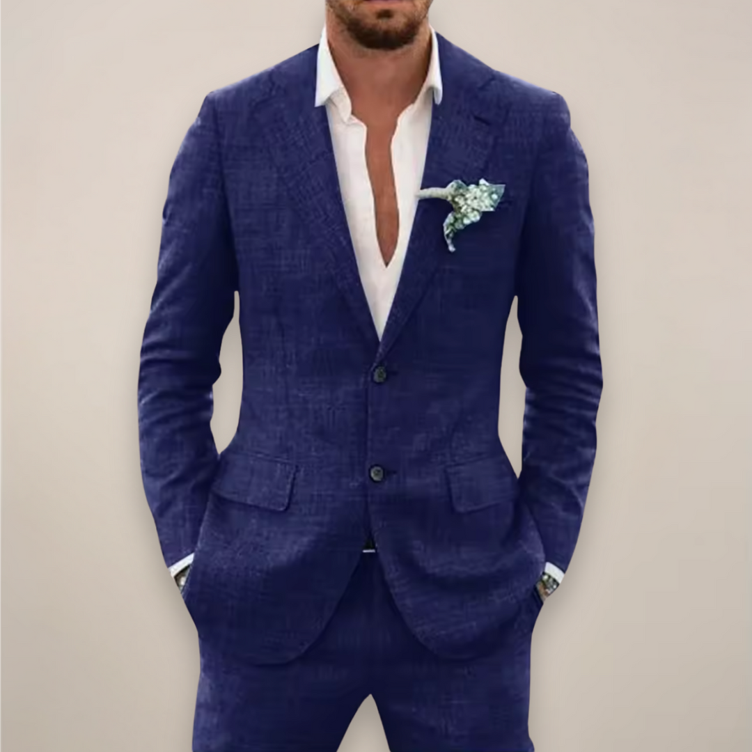 Men's classic single-breasted two-piece suit set in navy, perfect for formal events and summer.
