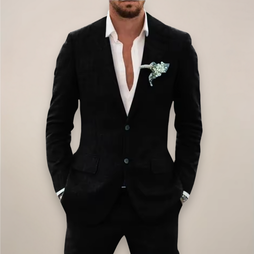Stylish men's single-breasted two-piece suit for a sharp, modern formal or casual look.