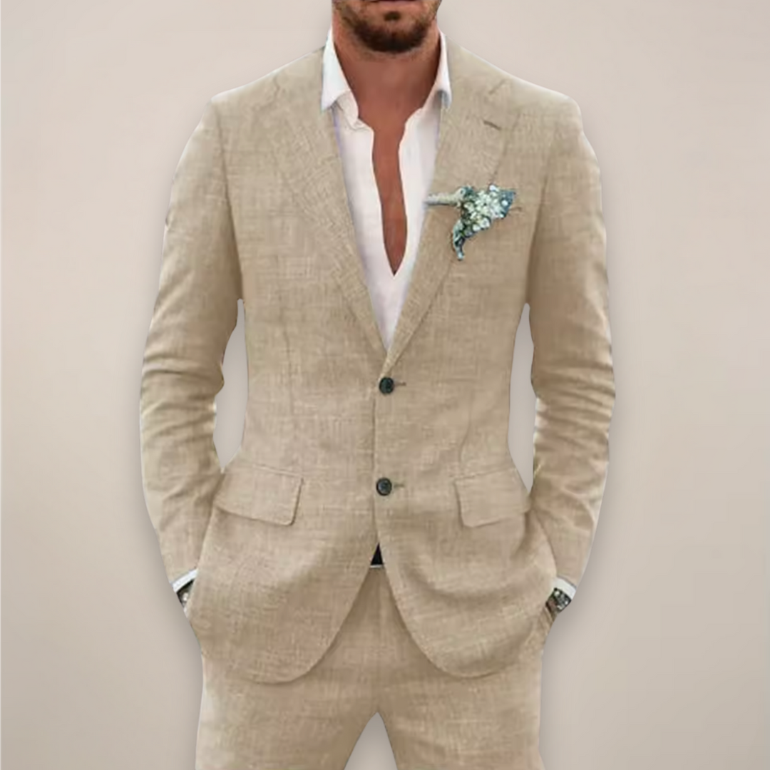 Lightweight blue single-breasted two-piece men's suit, ideal summer fashion and event wear.