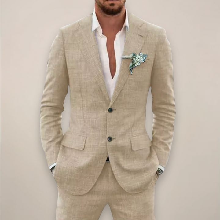 Lightweight blue single-breasted two-piece men's suit, ideal summer fashion and event wear.