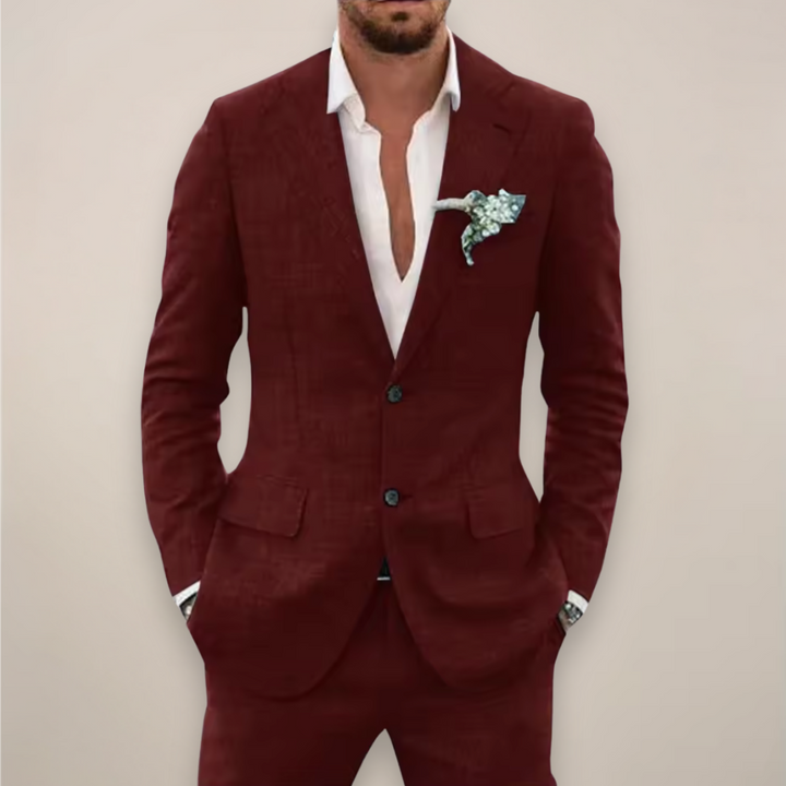 Dapper man in a single-breasted two-piece suit set, showcasing mens fashion and style.