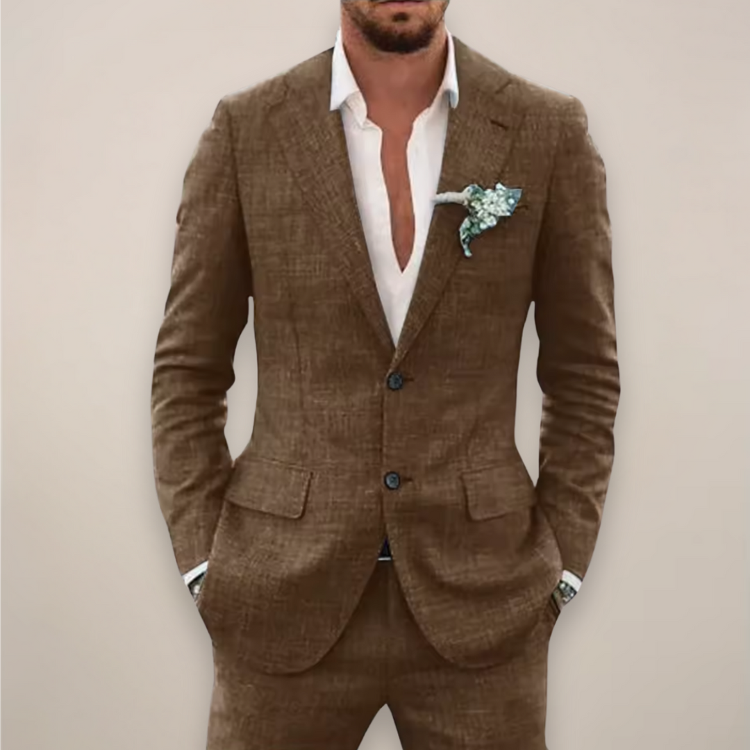 Detail shot of a single-breasted two-piece suit, highlighting quality tailoring and mens fashion.