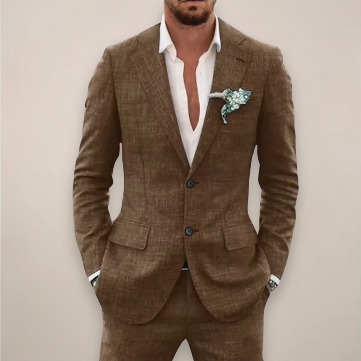 Detail shot of a single-breasted two-piece suit, highlighting quality tailoring and mens fashion.