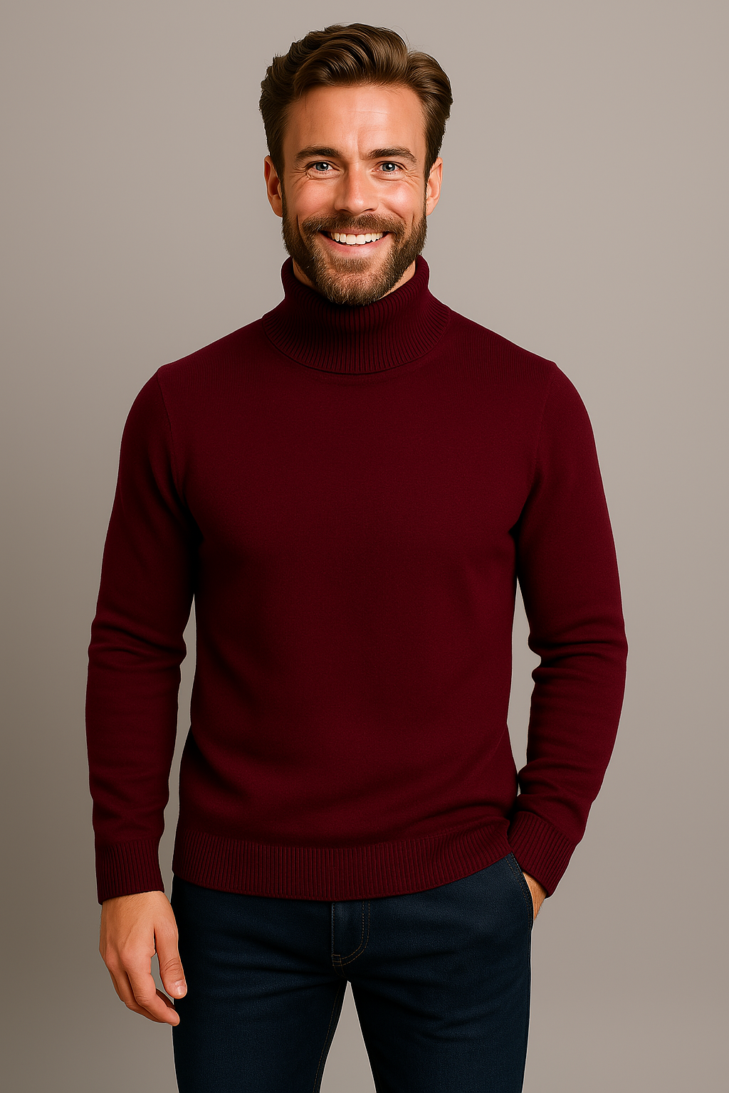 Back view of a men's solid long-sleeve turtleneck pullover sweater, showcasing classic casual fit.
