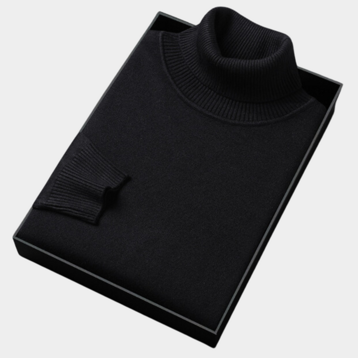 Classic men's solid white long-sleeve turtleneck sweater, a timeless pullover for spring elegance.