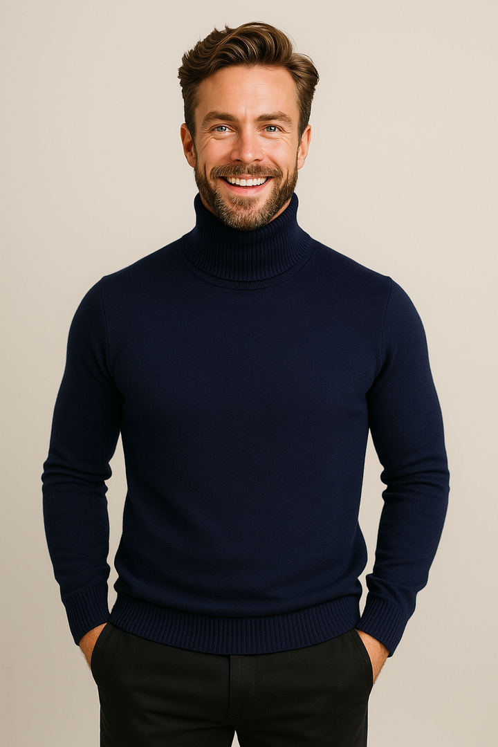 Comfortable men's solid long-sleeve turtleneck pullover sweater in deep forest green for spring.