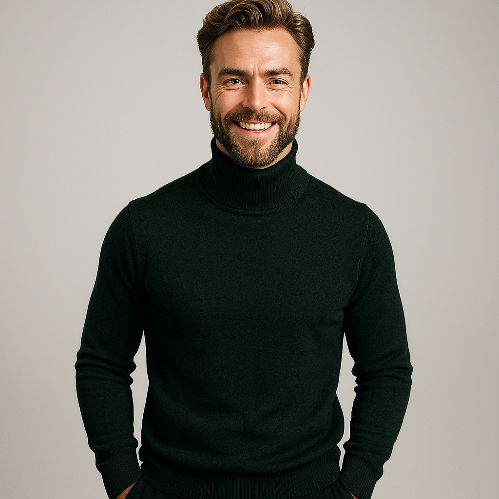 Close-up of the ribbed collar on a men's solid long-sleeve turtleneck pullover sweater, quality detail.