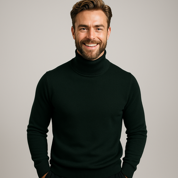 Close-up of the ribbed collar on a men's solid long-sleeve turtleneck pullover sweater, quality detail.