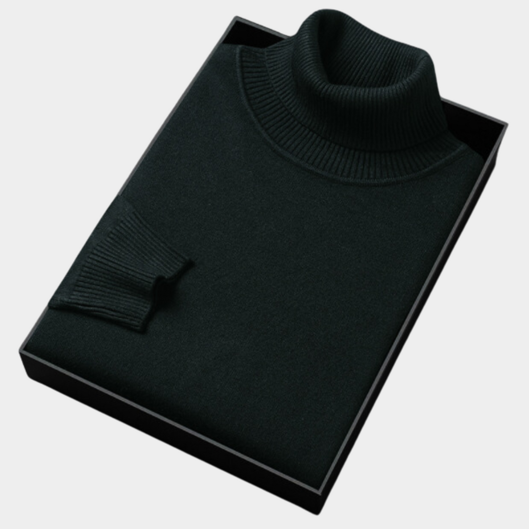 Texture shot of the knit fabric on a men's solid long-sleeve turtleneck pullover sweater, soft feel.