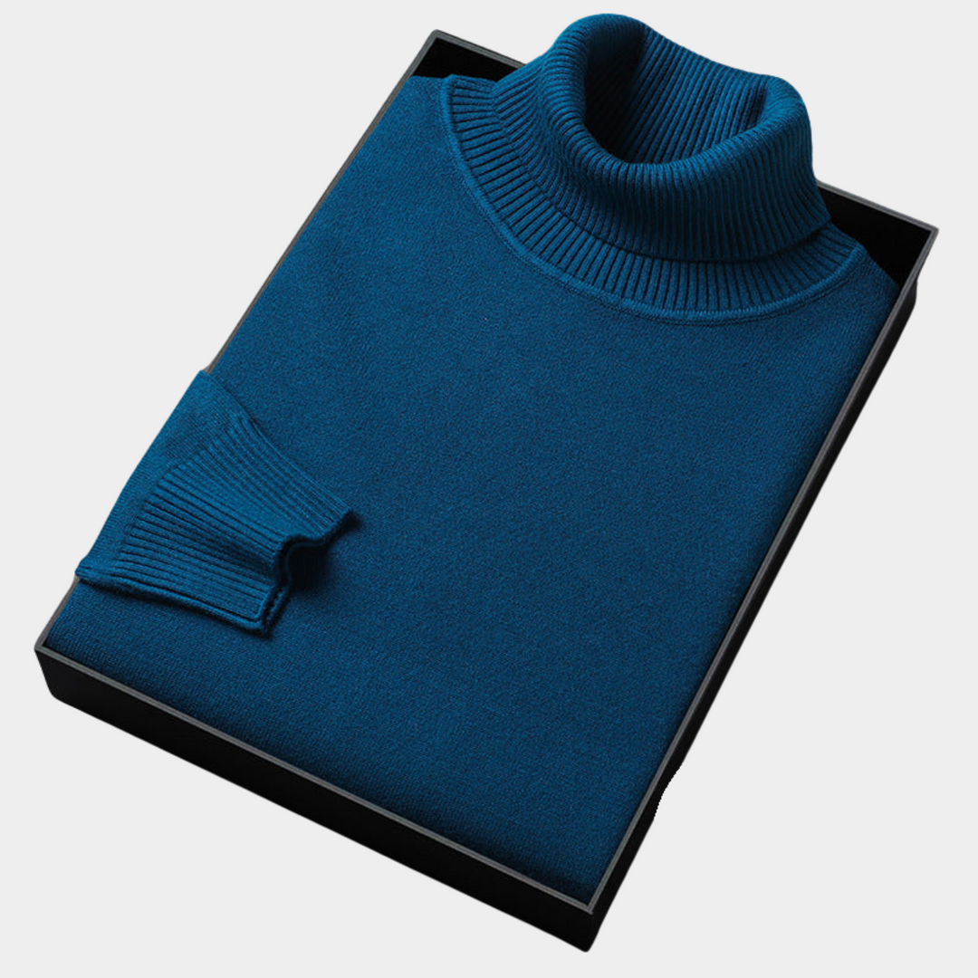 Detail of men's plain gray turtleneck sweater, highlighting the knit texture and long sleeves