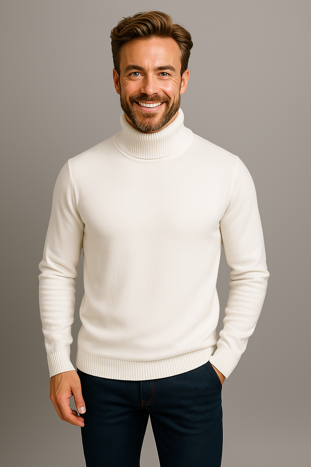 Men's chic black turtleneck sweater, an essential long sleeve knitwear piece for sophisticated casual wear