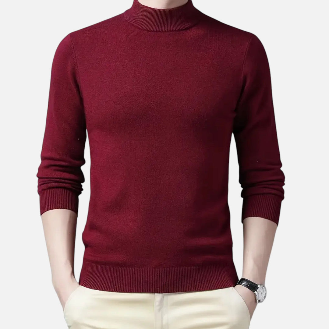 Men's classic stand-collar pullover sweater in a warm, elegant knit for refined autumn and winter style.