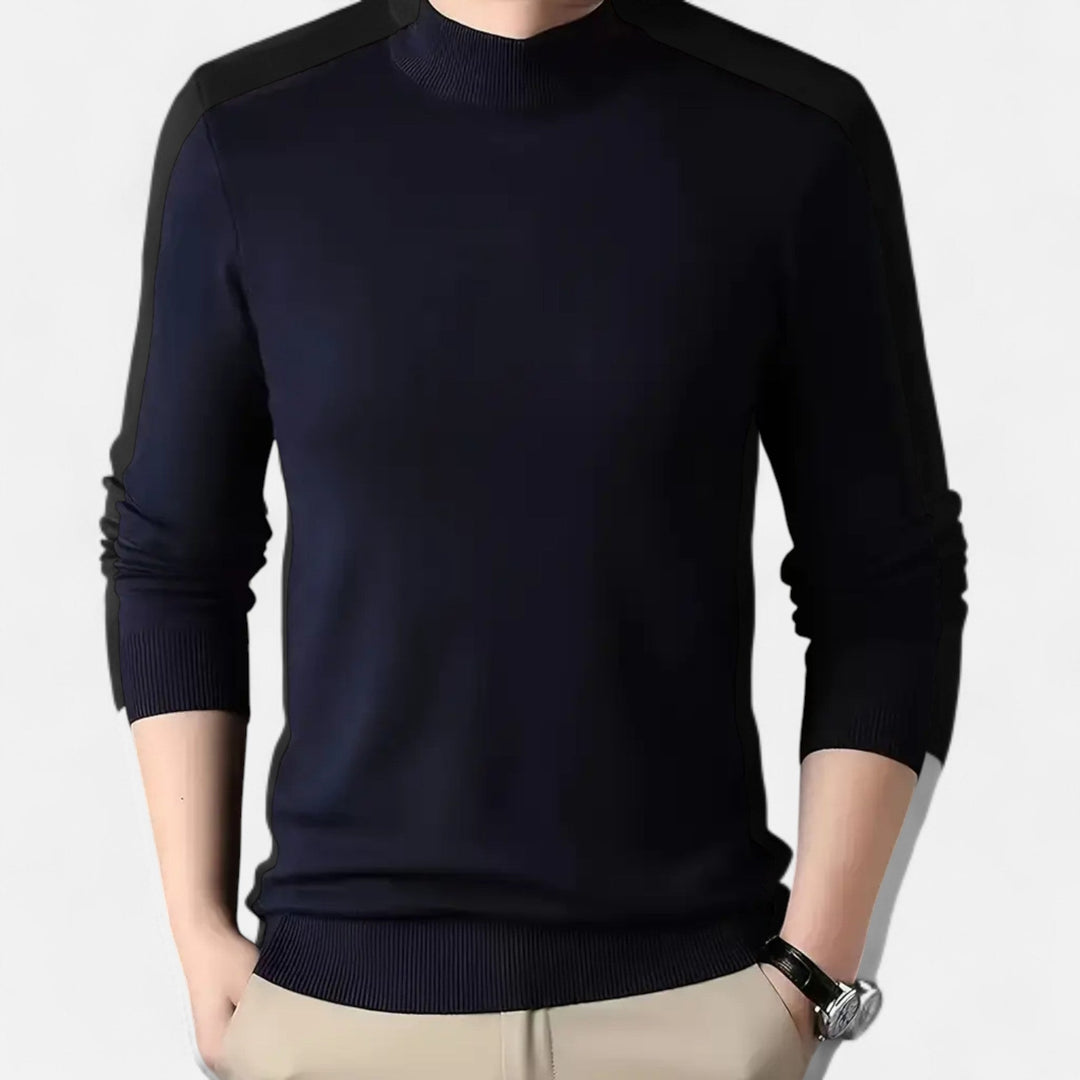 Refined men's stand-collar sweater, a versatile long-sleeve top for smart casual or elegant daily wear.