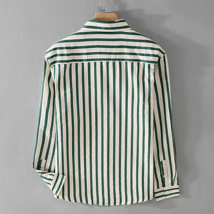Comfortable men's long-sleeve striped button-down shirt, offering effortless classic style for versatile fashion.