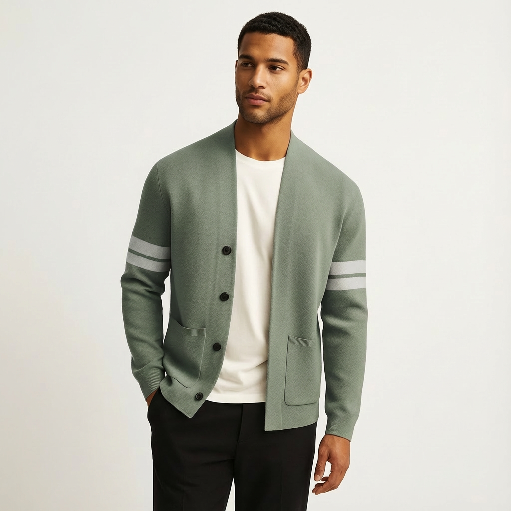 Men's classic striped cardigan, button-front, long sleeve knitwear for smart casual wear.