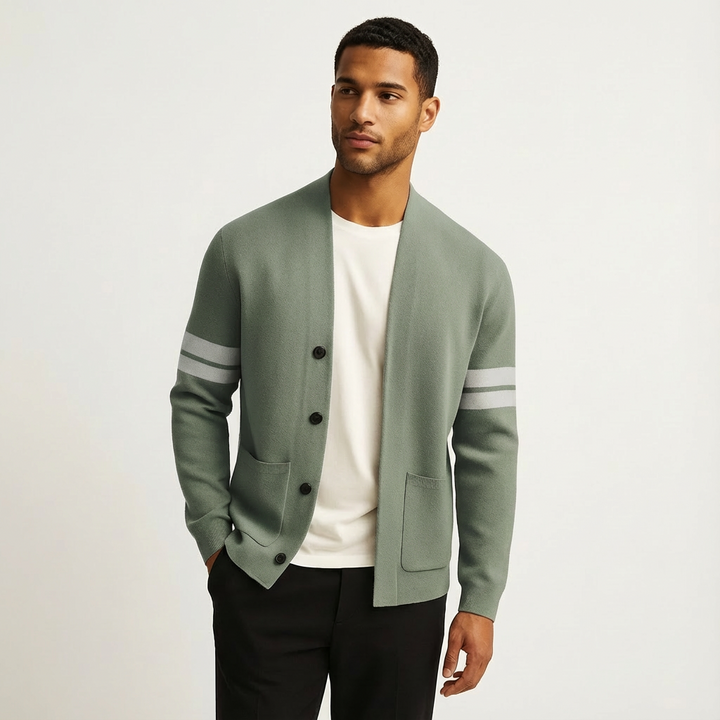 Men's classic striped cardigan, button-front, long sleeve knitwear for smart casual wear.