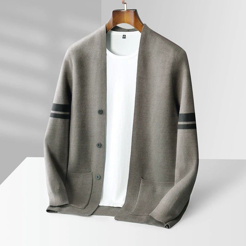 Classic men's striped cardigan, comfortable button-front knit for smart casual fashion.