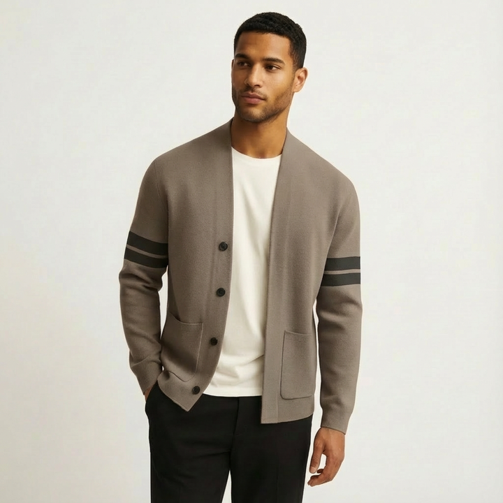 Striped men's button-front cardigan, long-sleeve knitwear for smart casual layering.