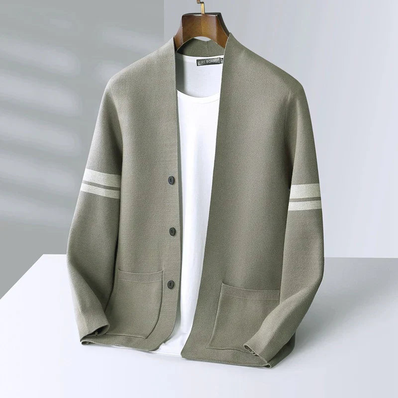 Men's fashion striped cardigan, button-front knit sweater, comfortable & stylish layering.