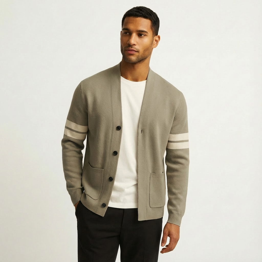 Long-sleeve striped men's cardigan, comfortable knitwear, button-front, ideal for fall outfits.