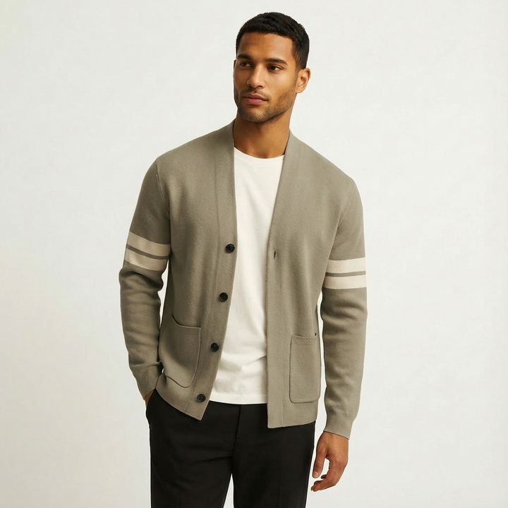 Long-sleeve striped men's cardigan, comfortable knitwear, button-front, ideal for fall outfits.