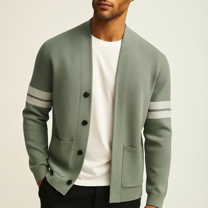 Comfortable men's striped button-front cardigan, perfect for smart casual layering & fall outfits.