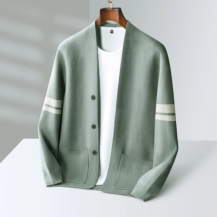 Men's knitwear striped cardigan with button-front, a comfortable long-sleeve layering piece.