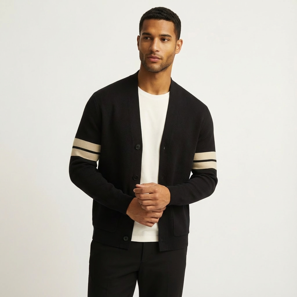 Classic striped men's cardigan, soft knitwear, button-front, perfect for smart casual styling.