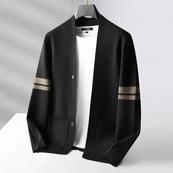 Men's comfortable striped knit cardigan with button-front closure, long sleeves for cool weather.