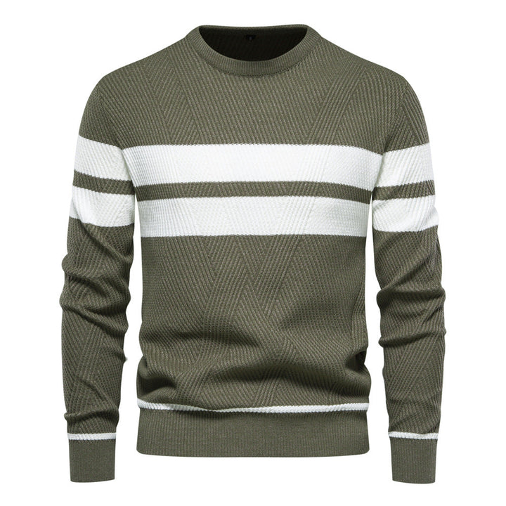 Men's classic striped crew neck sweater in a slim fit, perfect for casual winter or fall fashion.