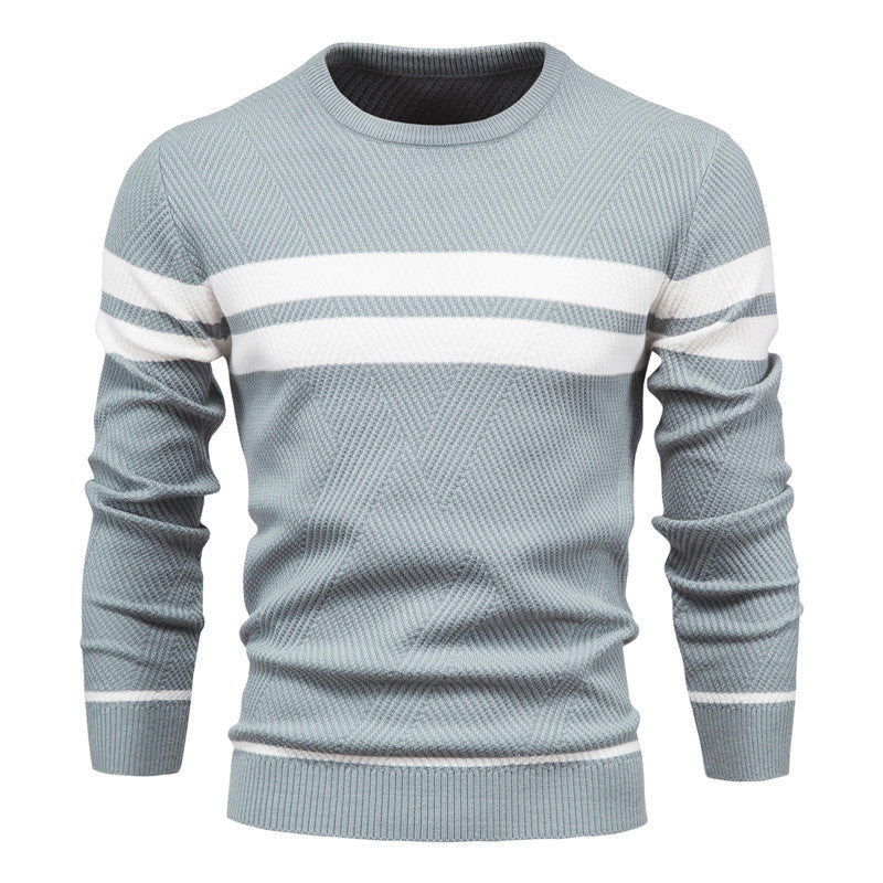 Versatile men's long sleeve knitwear, a stylish striped crew neck sweater for everyday wear.