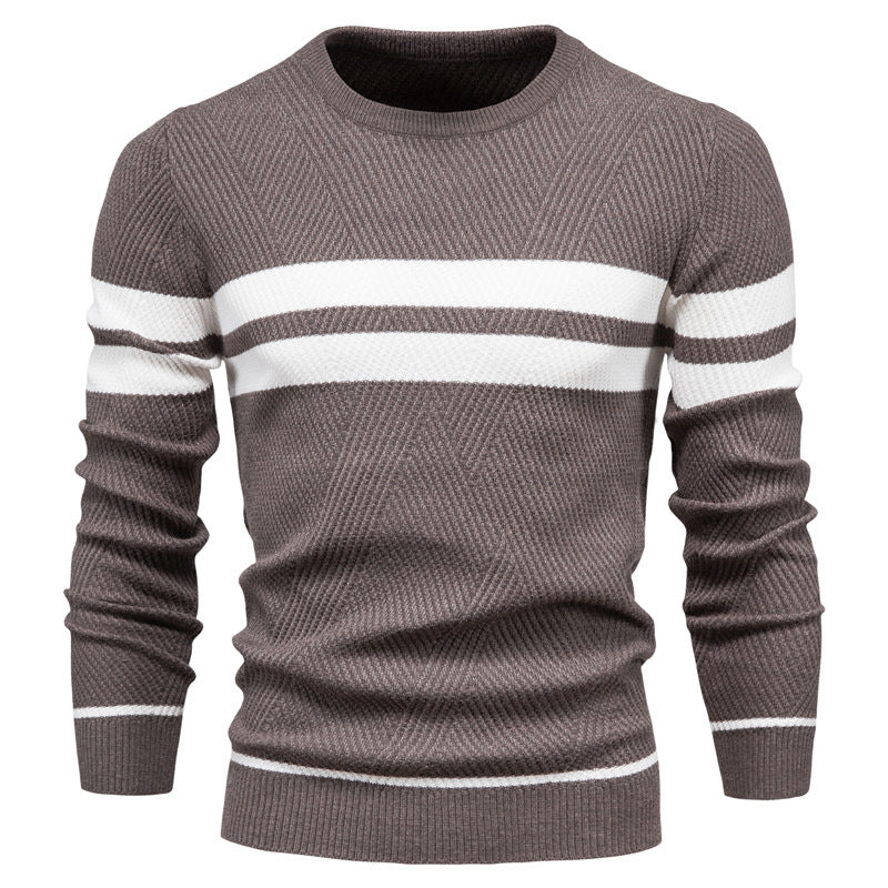 Effortless style with this men's striped crew neck sweater, ideal for casual fall and winter outfits.
