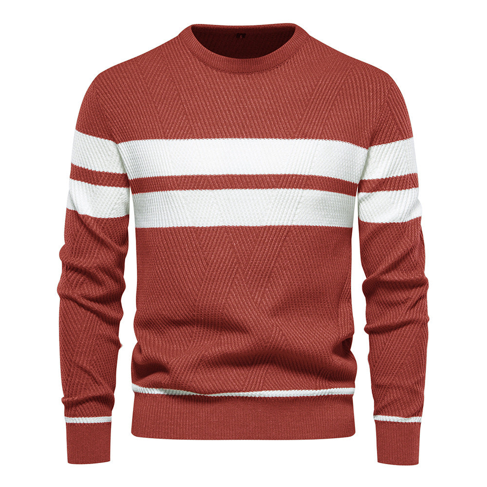 Slim fit men's striped sweater with a comfortable crew neck, essential for modern mens fashion.
