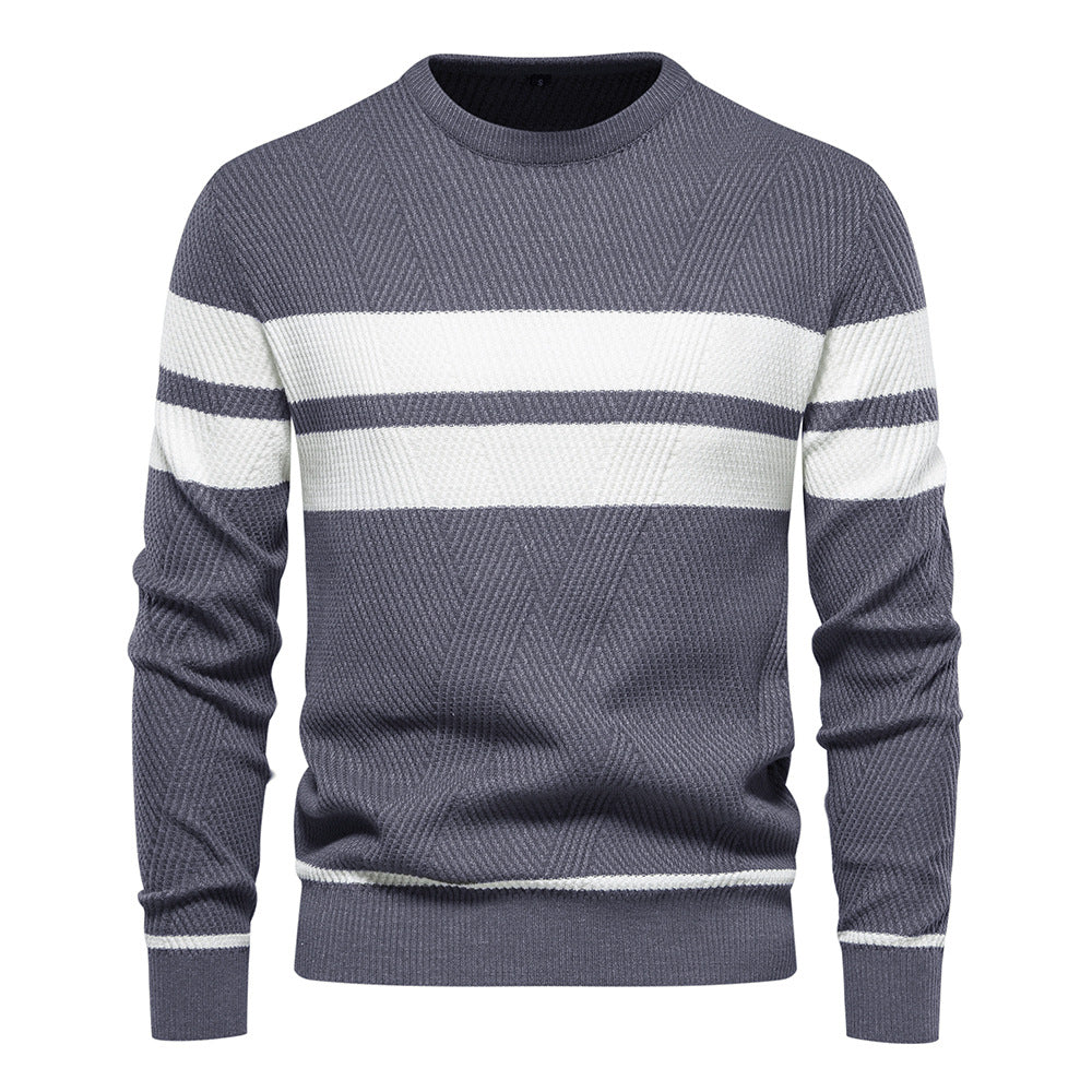 Classic men's knit crew neck sweater featuring a timeless striped design, great for layering.