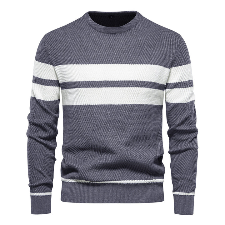 Classic men's knit crew neck sweater featuring a timeless striped design, great for layering.