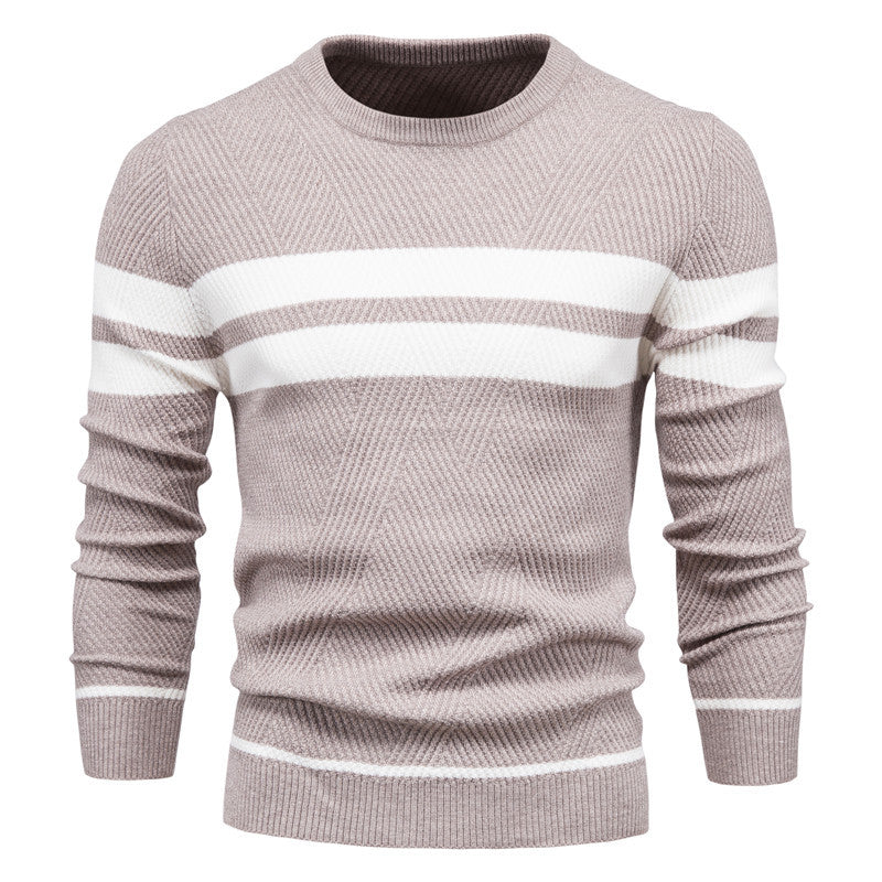 Men's fall/winter striped crew neck sweater, offering a comfortable slim fit for everyday style.