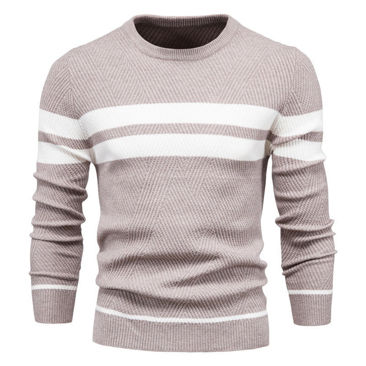 Men's fall/winter striped crew neck sweater, offering a comfortable slim fit for everyday style.