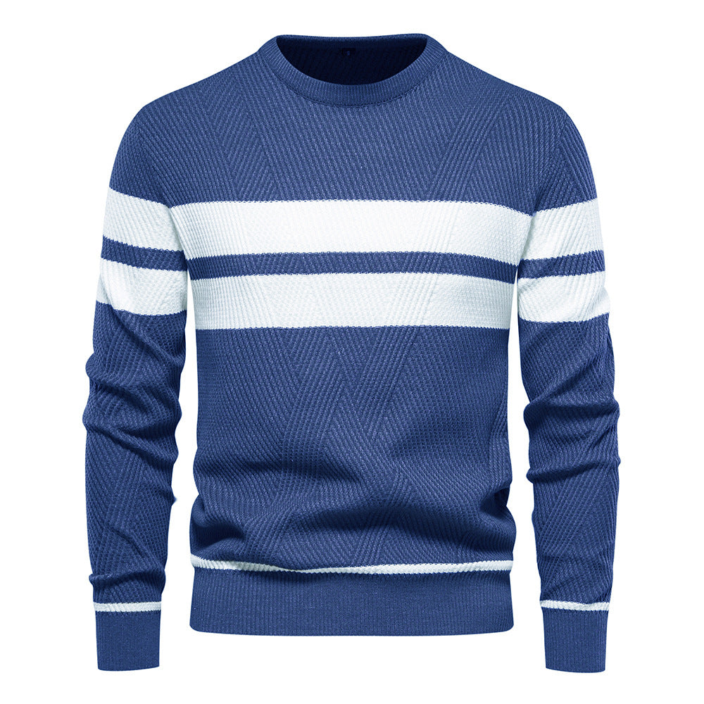 Stylish men's striped crew neck knit sweater, perfect for a versatile and casual fashion look.