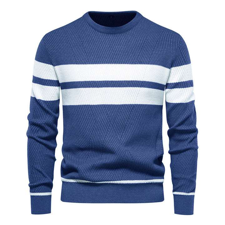 Stylish men's striped crew neck knit sweater, perfect for a versatile and casual fashion look.