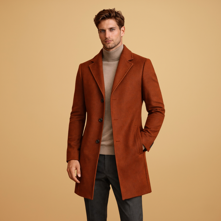 Smart men's classic tailored overcoat. Essential winter outerwear for business attire & formal occasions.