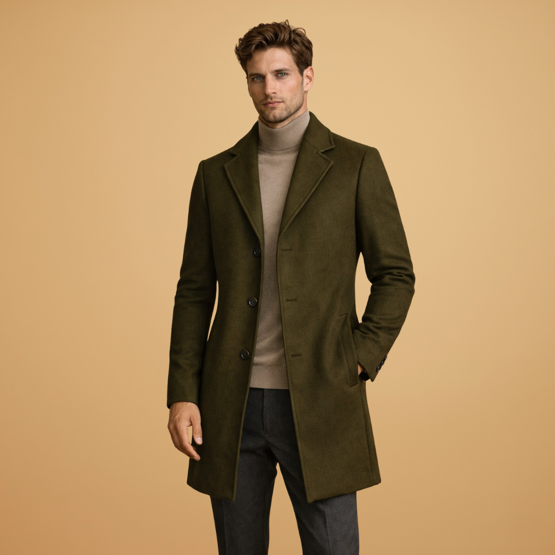 Refined men's classic tailored overcoat. Elevate any smart casual or business fashion ensemble.