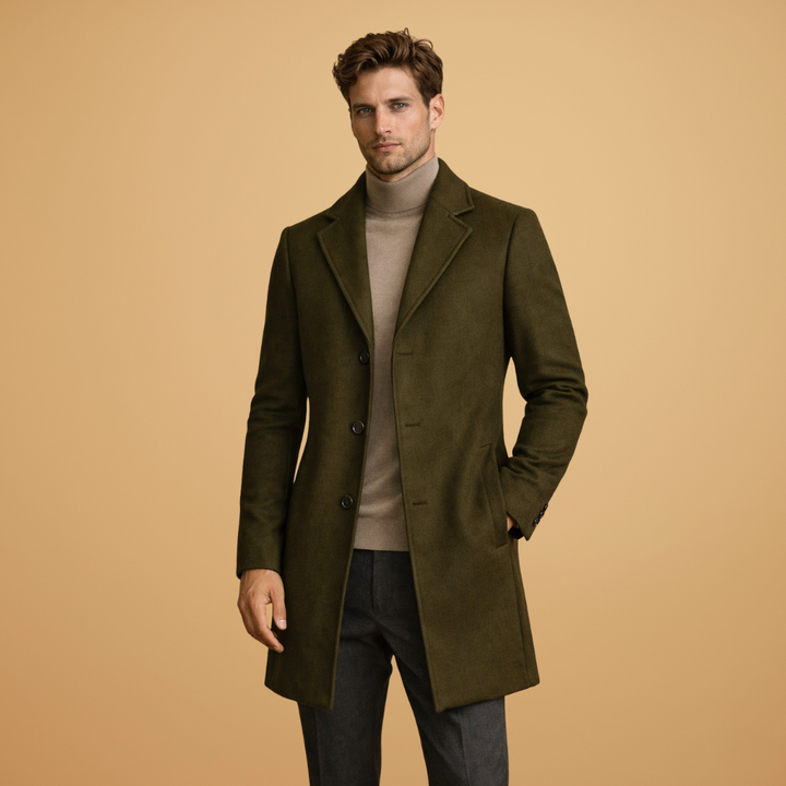 Refined men's classic tailored overcoat. Elevate any smart casual or business fashion ensemble.