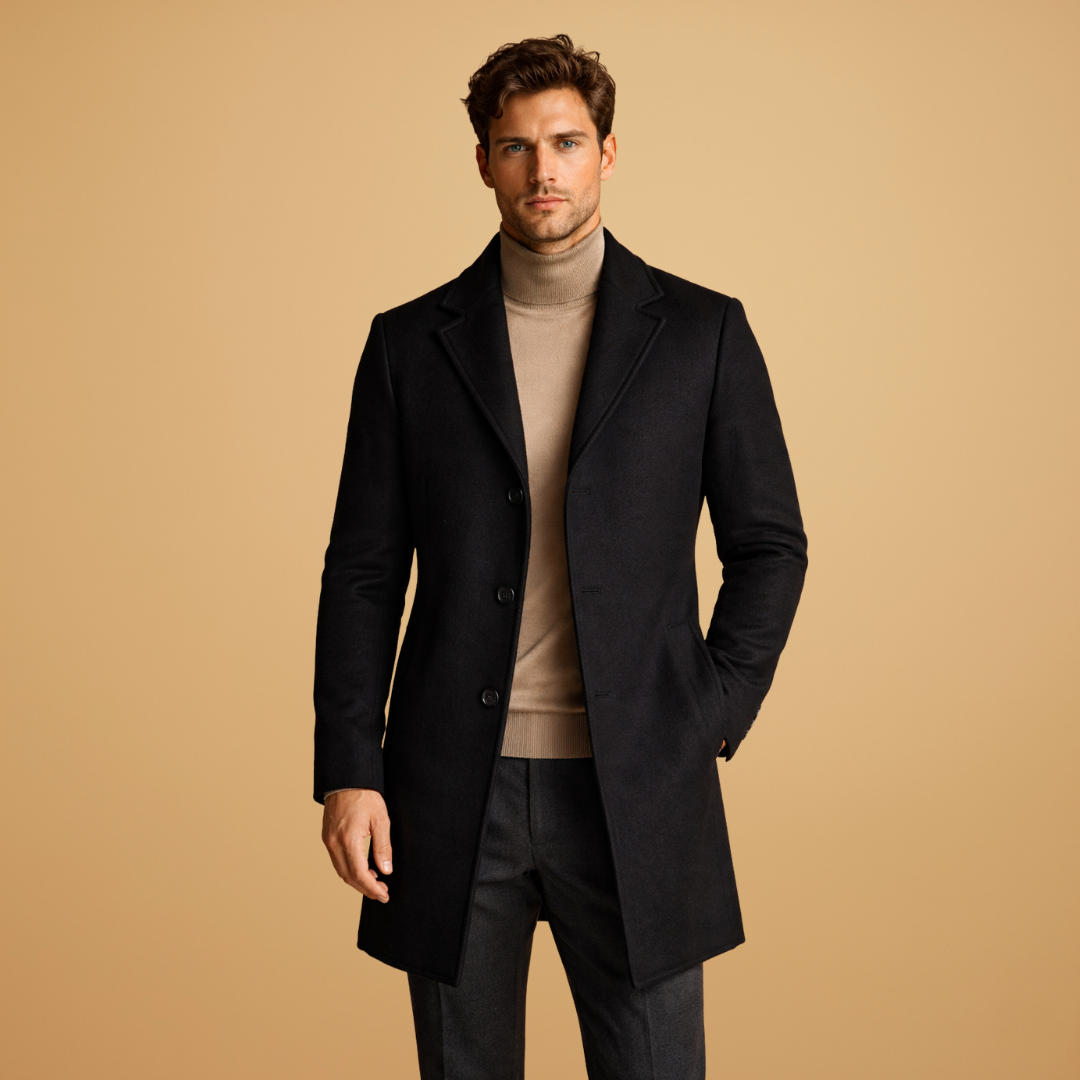 Warm men's winter overcoat with sophisticated lapel collar. Ideal for smart casual or business fashion.
